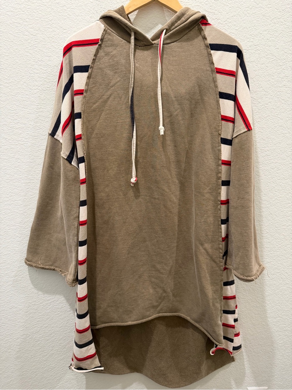 POL Clothing Oversized‎ Hoodie Dress Olive Green Striped Boho High Low Tunic L